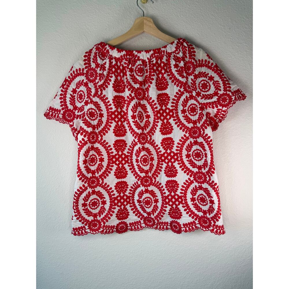 John Mark Red White Embroidered Peasant Blouse Boho Medallion Top Sz MD - Picture 2 of 7